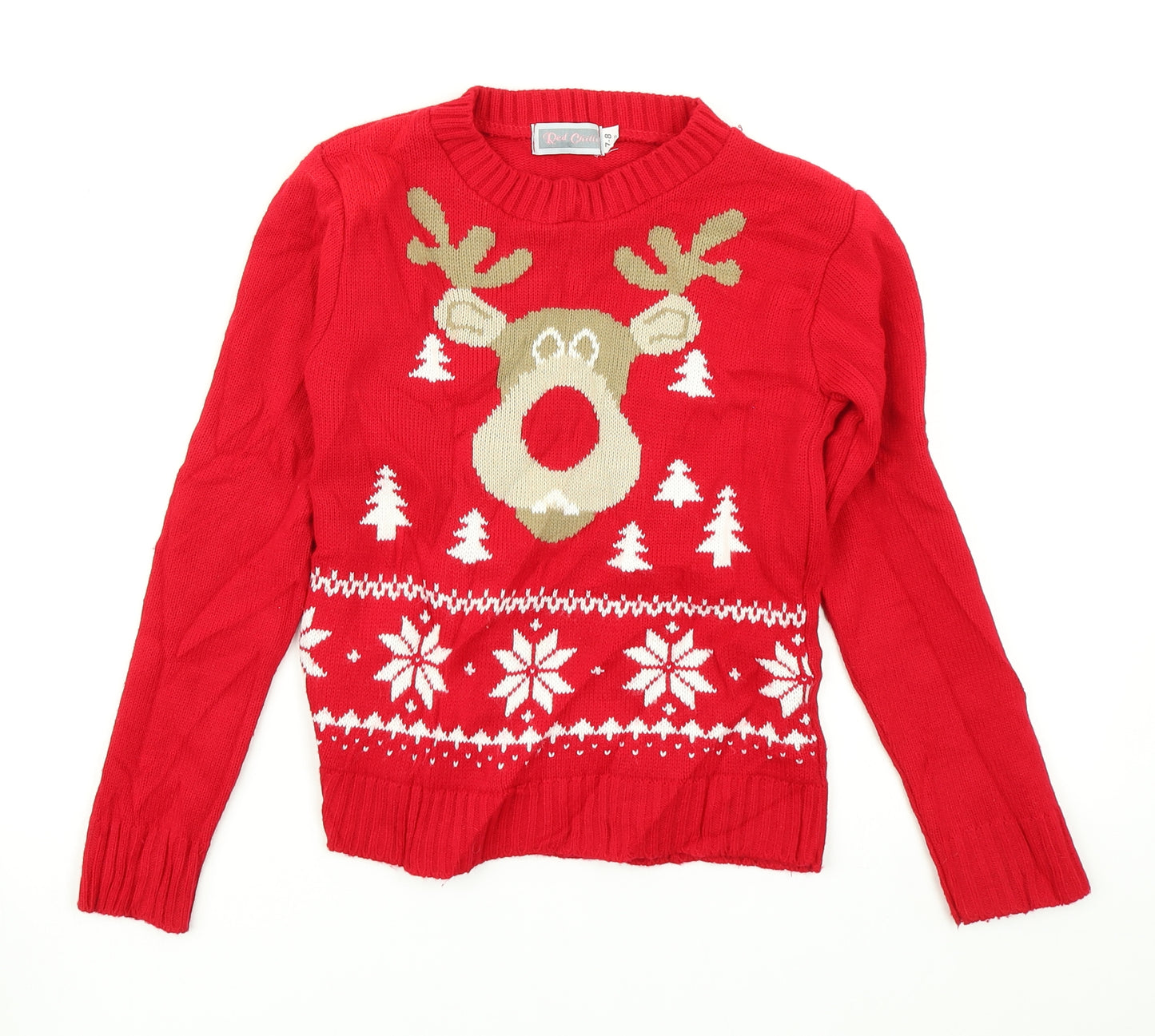 Red Chilli Girls Red  Knit Pullover Jumper Size 7-8 Years  - Christmas Jumper Reindeer