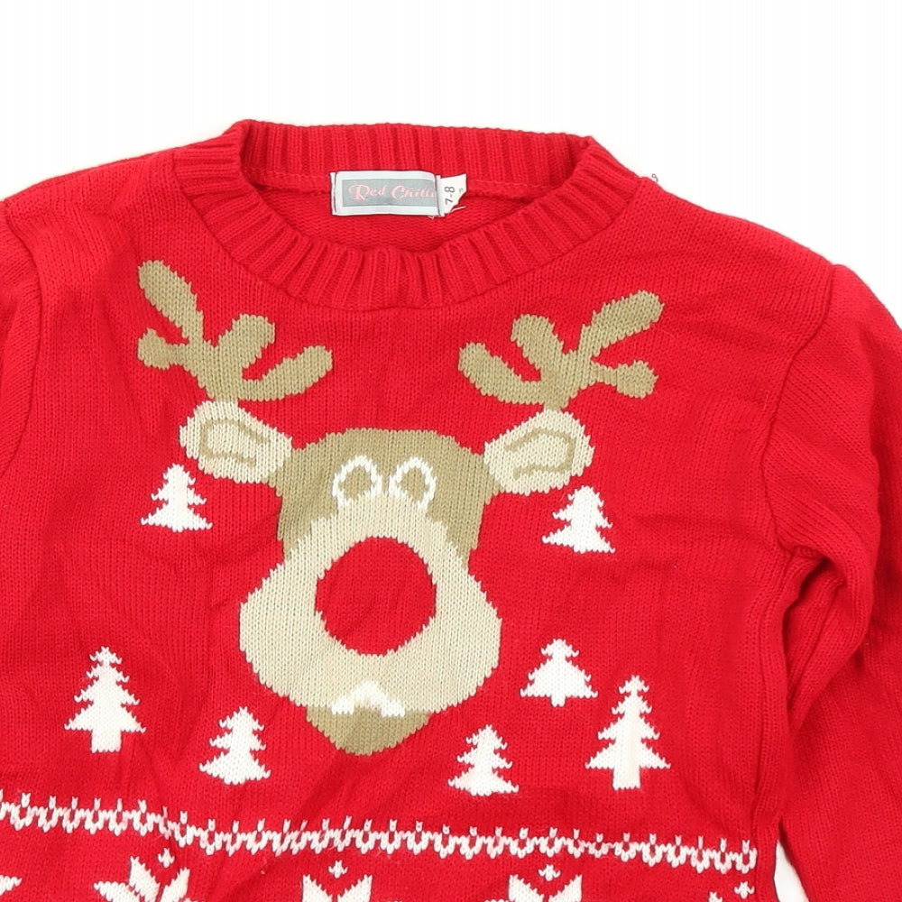 Red Chilli Girls Red  Knit Pullover Jumper Size 7-8 Years  - Christmas Jumper Reindeer