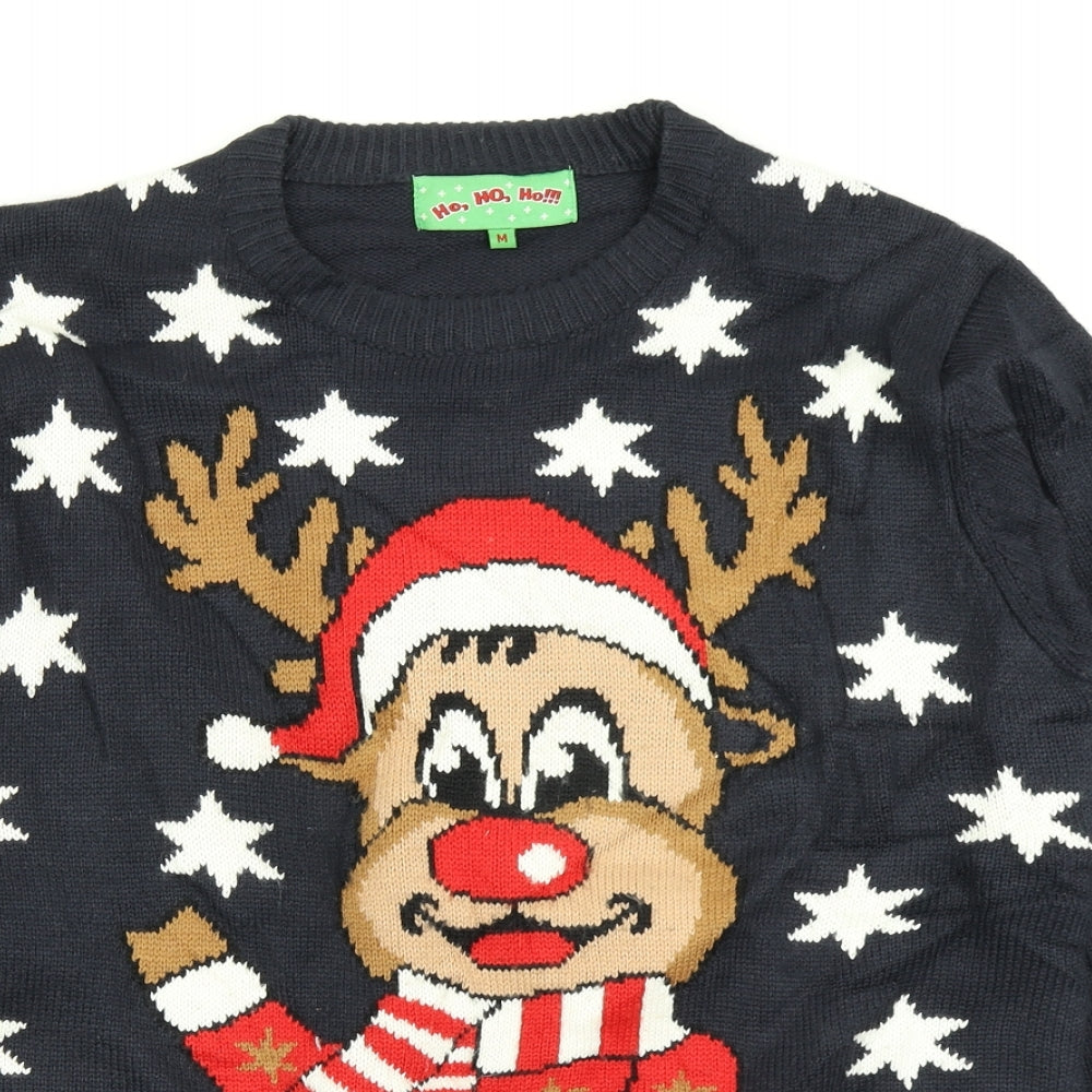 Ho, Ho, Ho Mens Blue  Knit Pullover Jumper Size M  - Christmas Jumper Reindeer