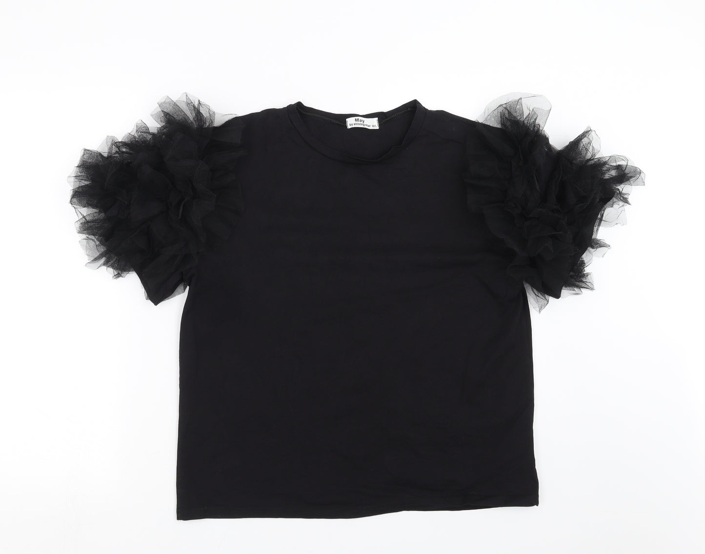 May By Shining Star Womens Black   Basic T-Shirt Size M  - Ruffle Sleeve
