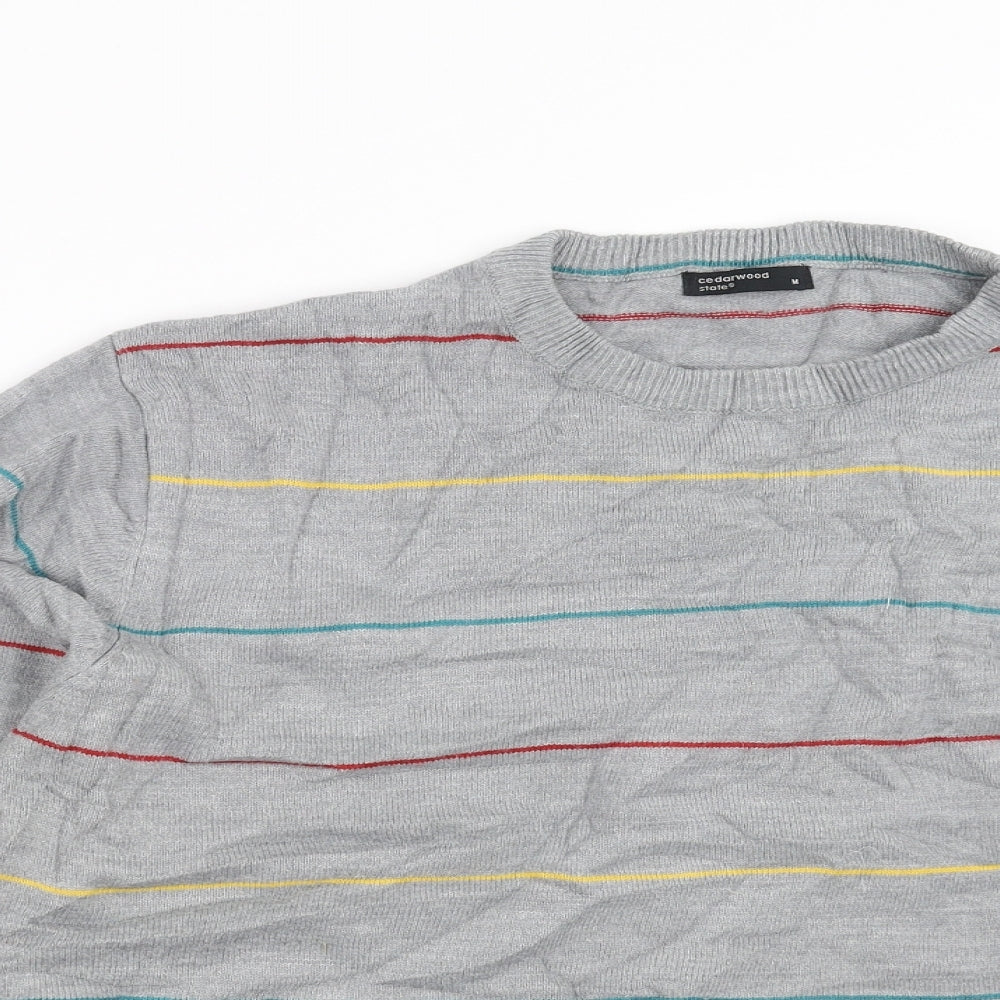 Cedar Wood State Mens Grey Striped Knit Pullover Jumper Size M