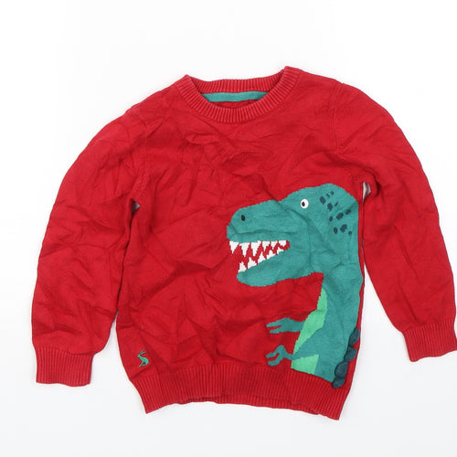 Joules Boys Red  Knit Pullover Jumper Size 5 Years  - Dinosaur