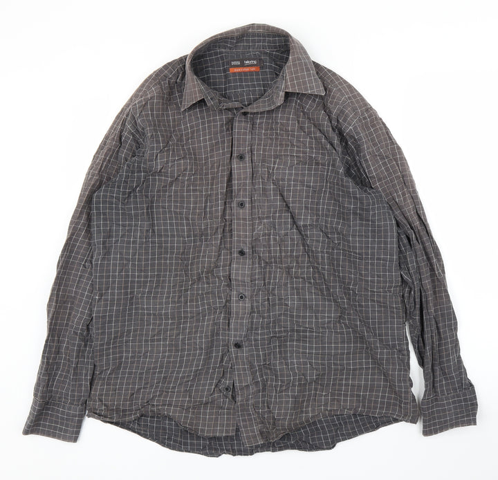 M&S Mens Brown Check   Button-Up Size 16