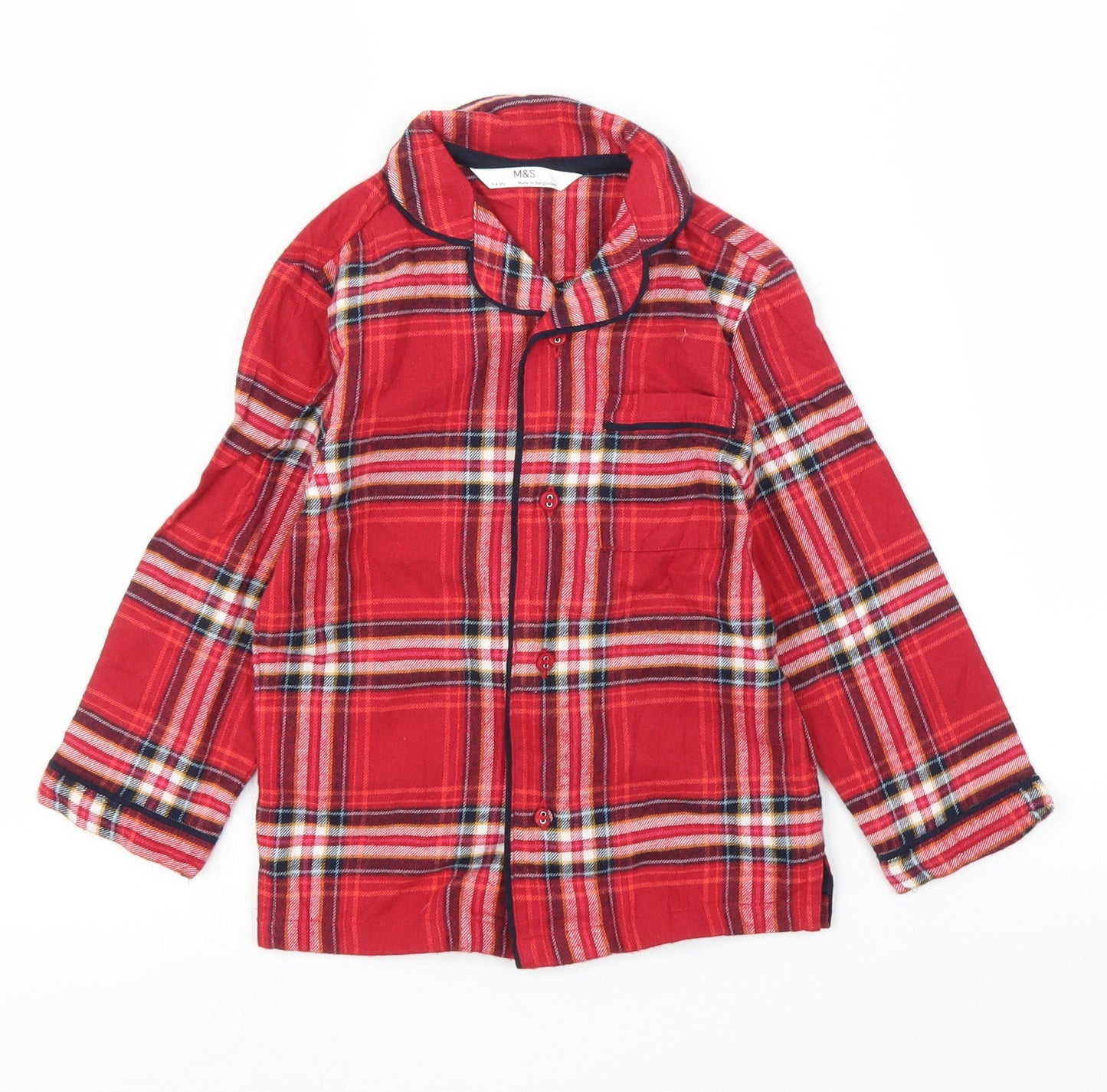 M&S Girls Red Plaid  Basic Button-Up Size 3-4 Years