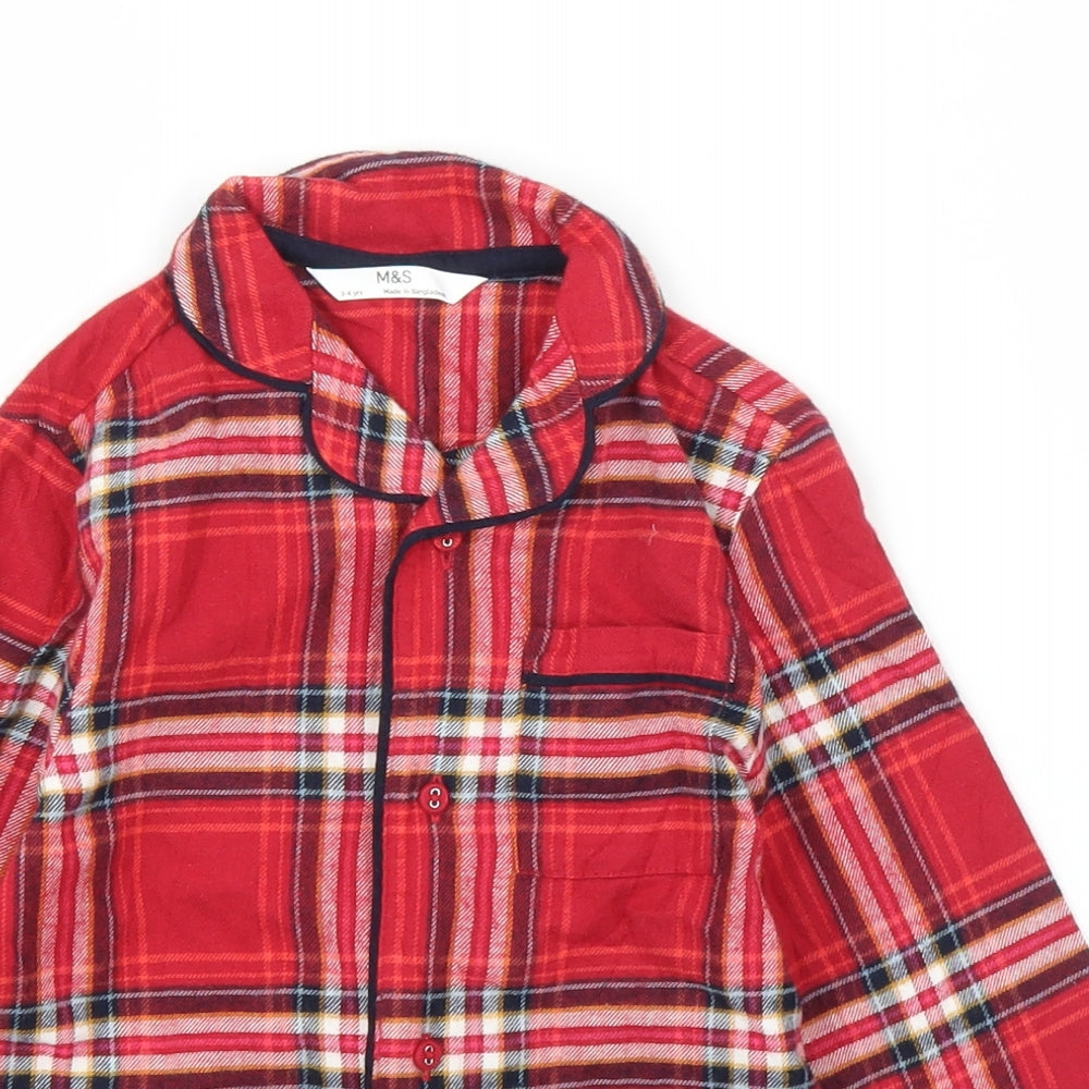 M&S Girls Red Plaid  Basic Button-Up Size 3-4 Years