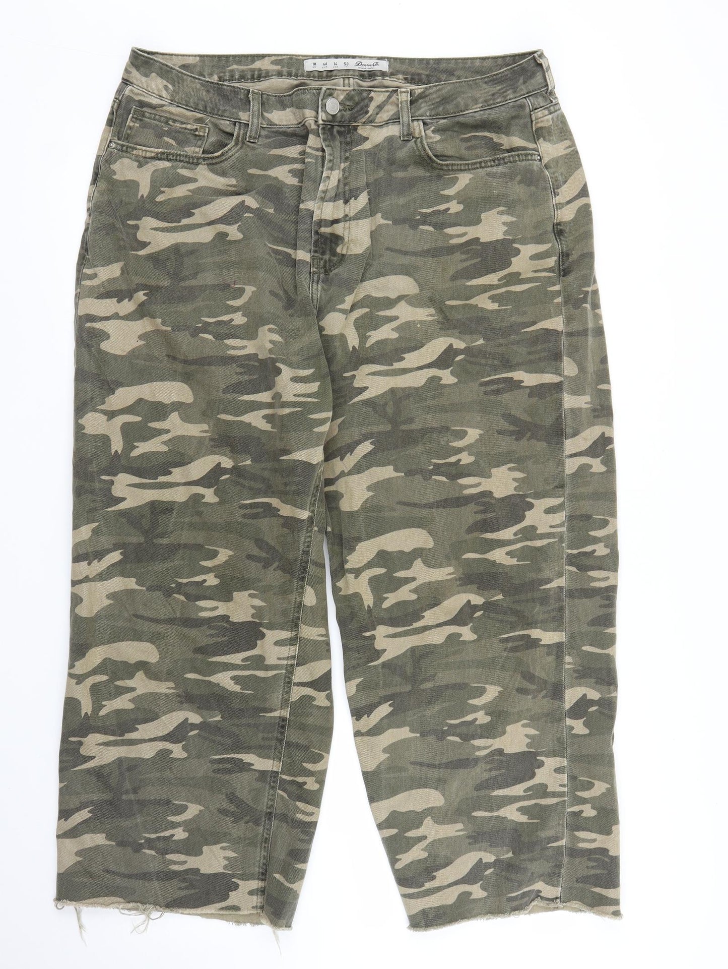 Primark Womens Green Camouflage Denim Cropped Jeans Size 18 L21 in