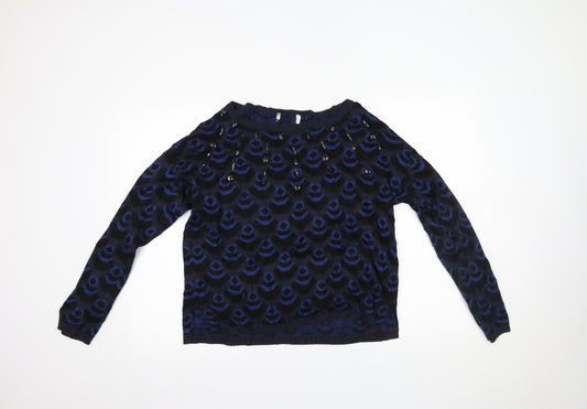 Front view of Next women’s blue geometric jumper, size UK 14