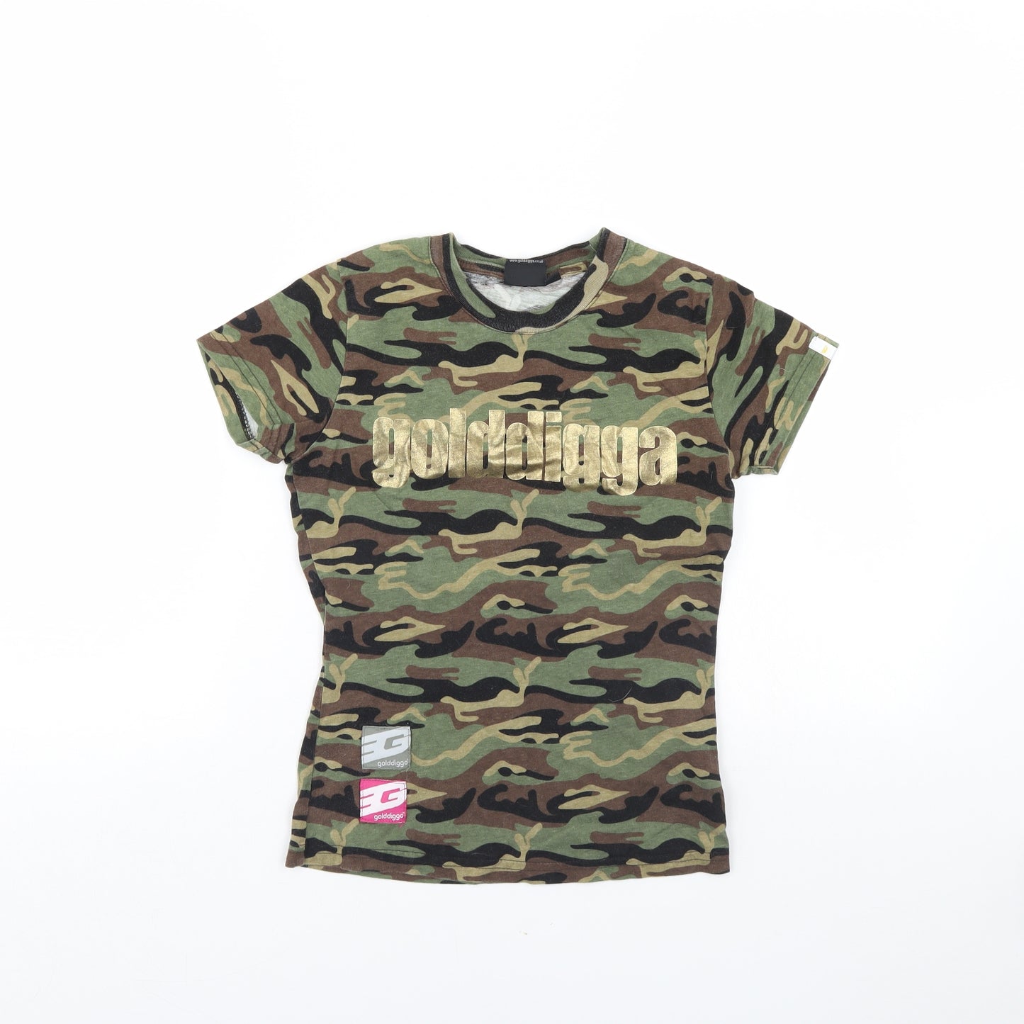 Golddigga Womens Green Camouflage  Basic T-Shirt Size XS