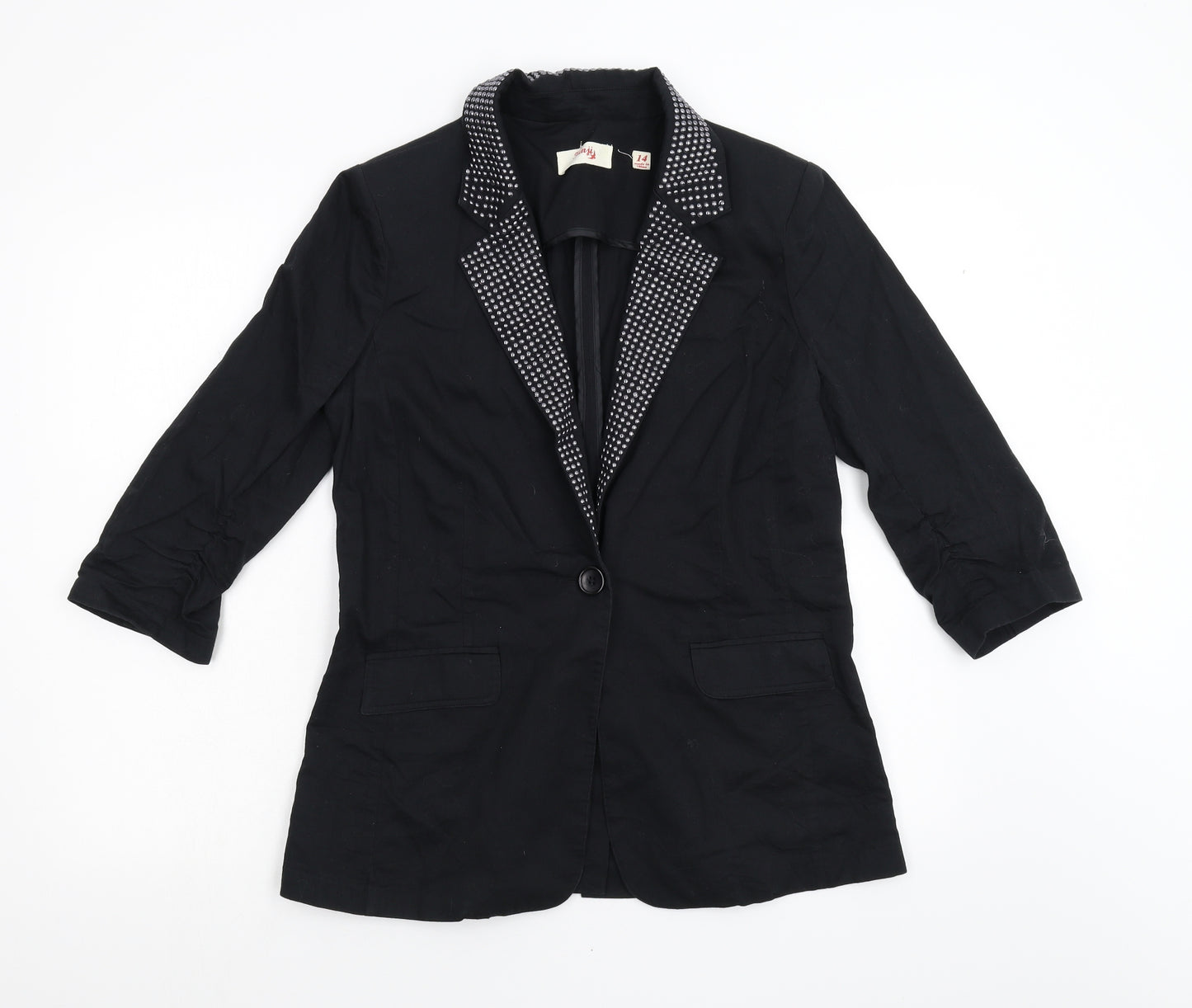 Kenji Womens Black  Ramie Jacket Blazer Size 14  - Embellished Collar