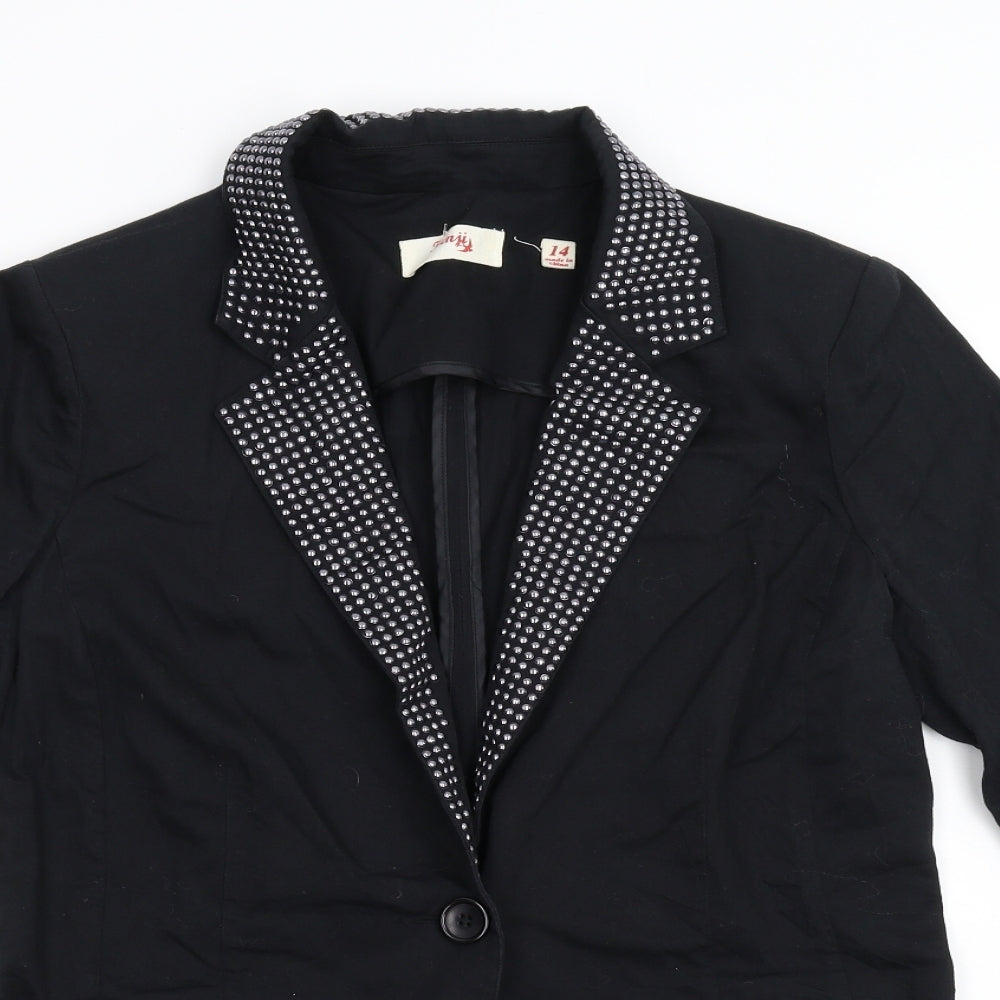 Kenji Womens Black  Ramie Jacket Blazer Size 14  - Embellished Collar