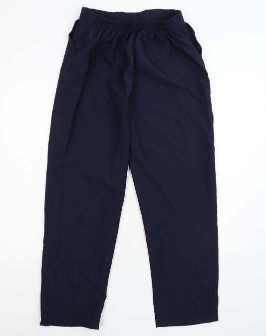 Front view of Preworn women’s blue trousers, size UK 16, 28-inch leg
