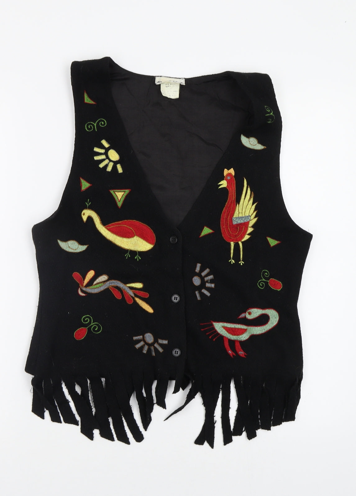 Flowers Womens Black Geometric  Jacket Waistcoat Size M  - Embroidered Animals