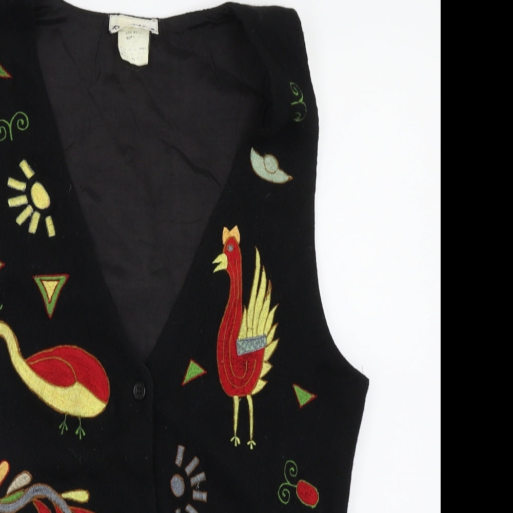 Flowers Womens Black Geometric  Jacket Waistcoat Size M  - Embroidered Animals