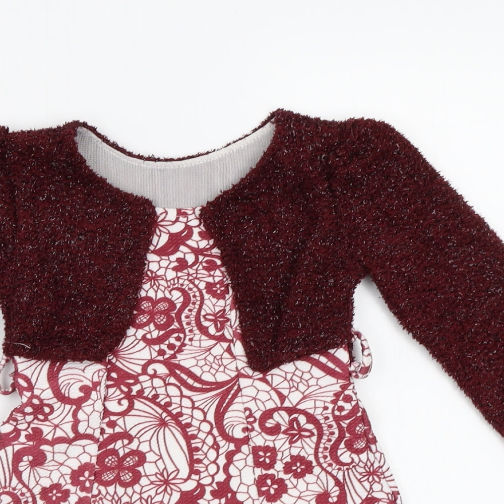 Preworn Girls Red Floral  Jacket Dress  Size 3-4 Years