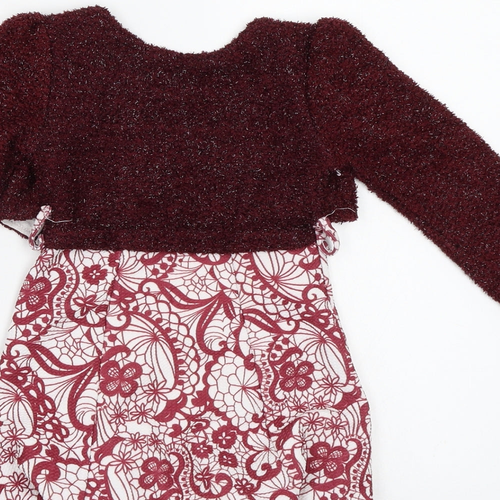 Preworn Girls Red Floral  Jacket Dress  Size 3-4 Years