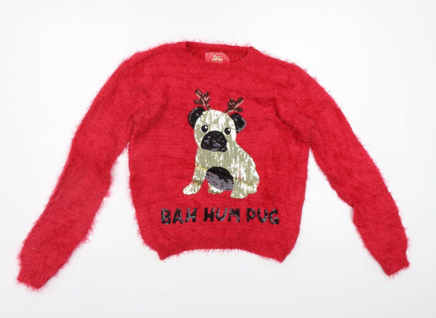 Primark Girls Red   Pullover Jumper Size 13 Years  - Pug Christmas