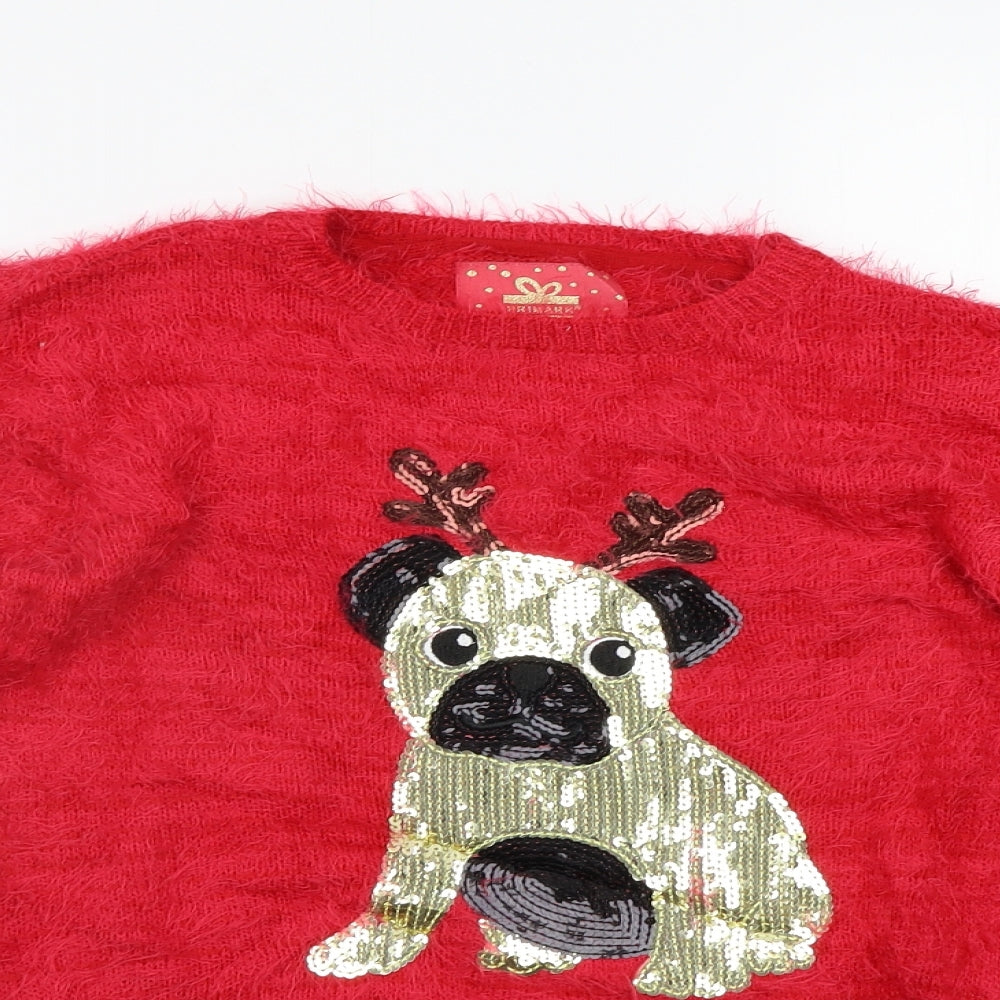 Primark Girls Red   Pullover Jumper Size 13 Years  - Pug Christmas