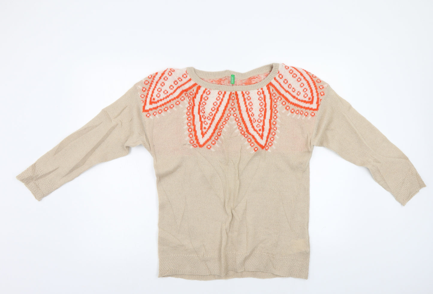 Benetton Womens Beige Floral  Pullover Jumper Size M