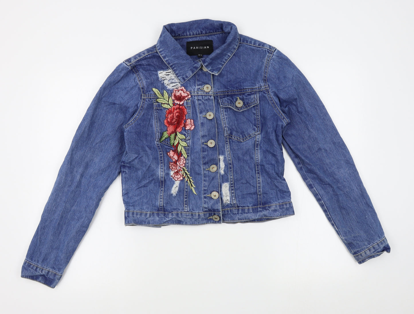 Parisian Womens Blue   Jacket  Size 12  - distressed, rose decal