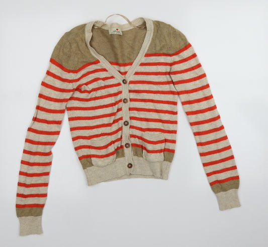 Front view of Atmosphere women’s multicoloured striped cardigan jumper, size UK 6