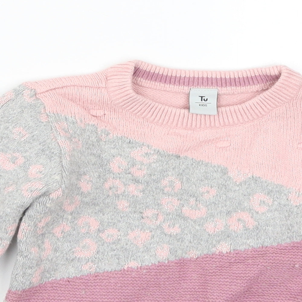 TU Girls Pink Colourblock Knit Pullover Jumper Size 12-18 Months  - Animal Prints