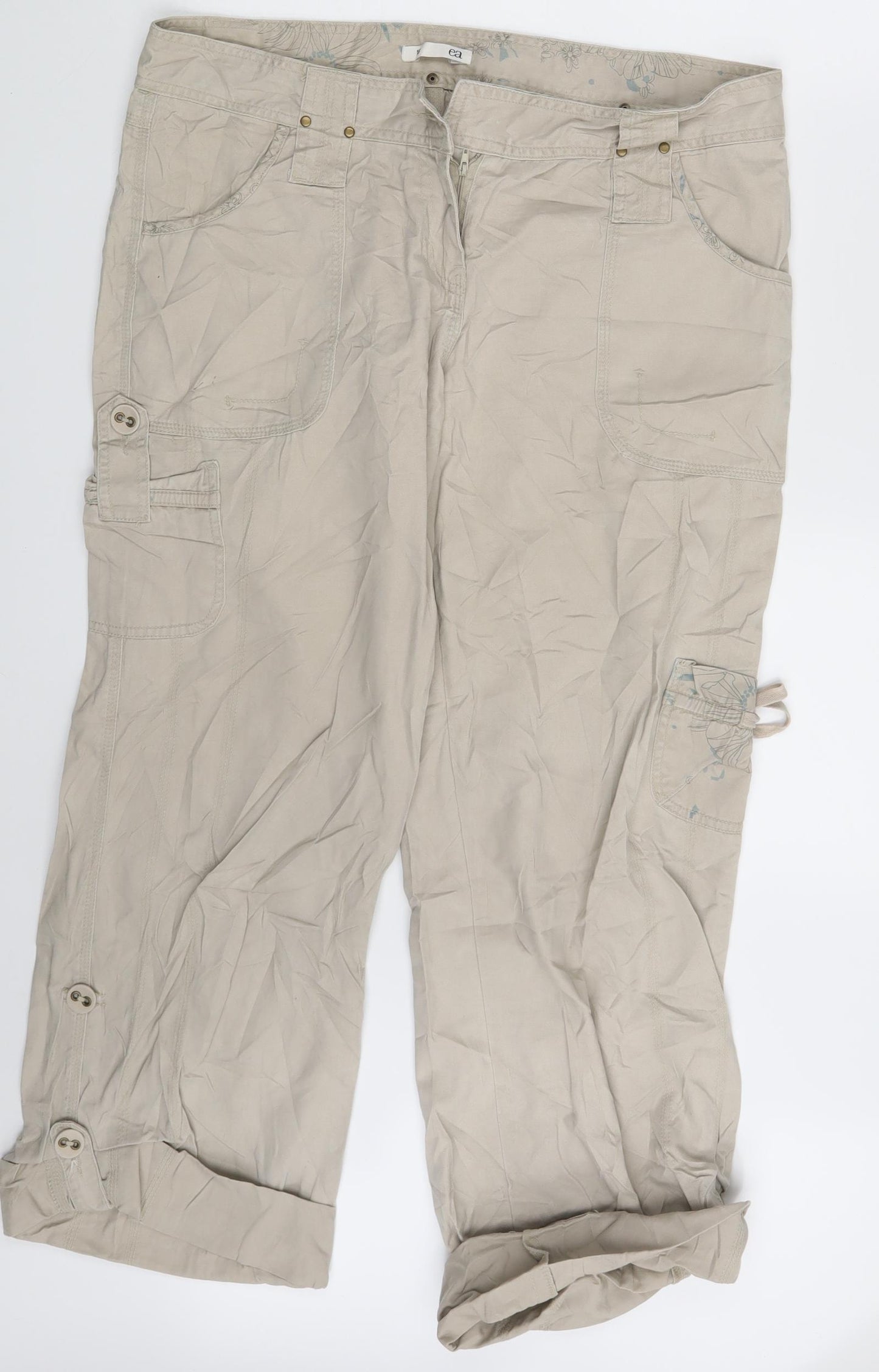 EA Womens Beige Floral Denim Cargo Trousers Size 16 L30 in
