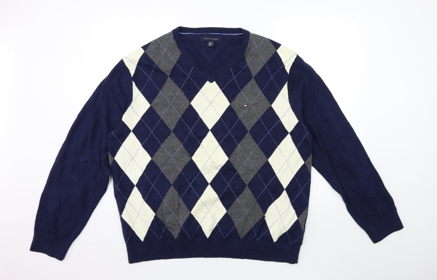 Tommy Hilfiger Mens Blue Check Knit Pullover Jumper Size XL