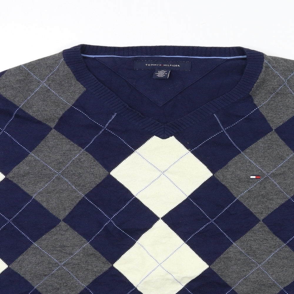 Tommy Hilfiger Mens Blue Check Knit Pullover Jumper Size XL