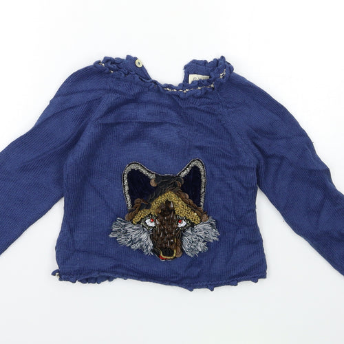 LOLITTOS Girls Blue  Knit Pullover Jumper Size 6 Years  - wolf