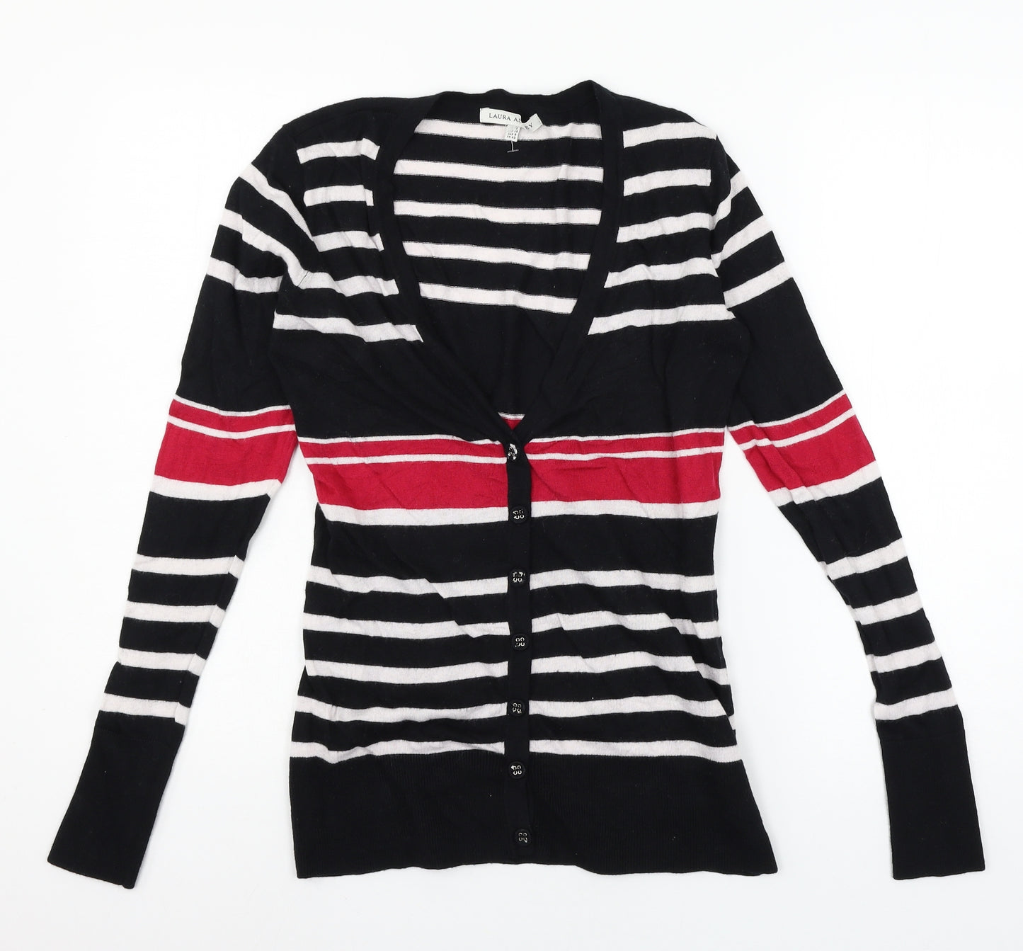 Laura Ashley Womens Black Striped Knit Cardigan Jumper Size 12