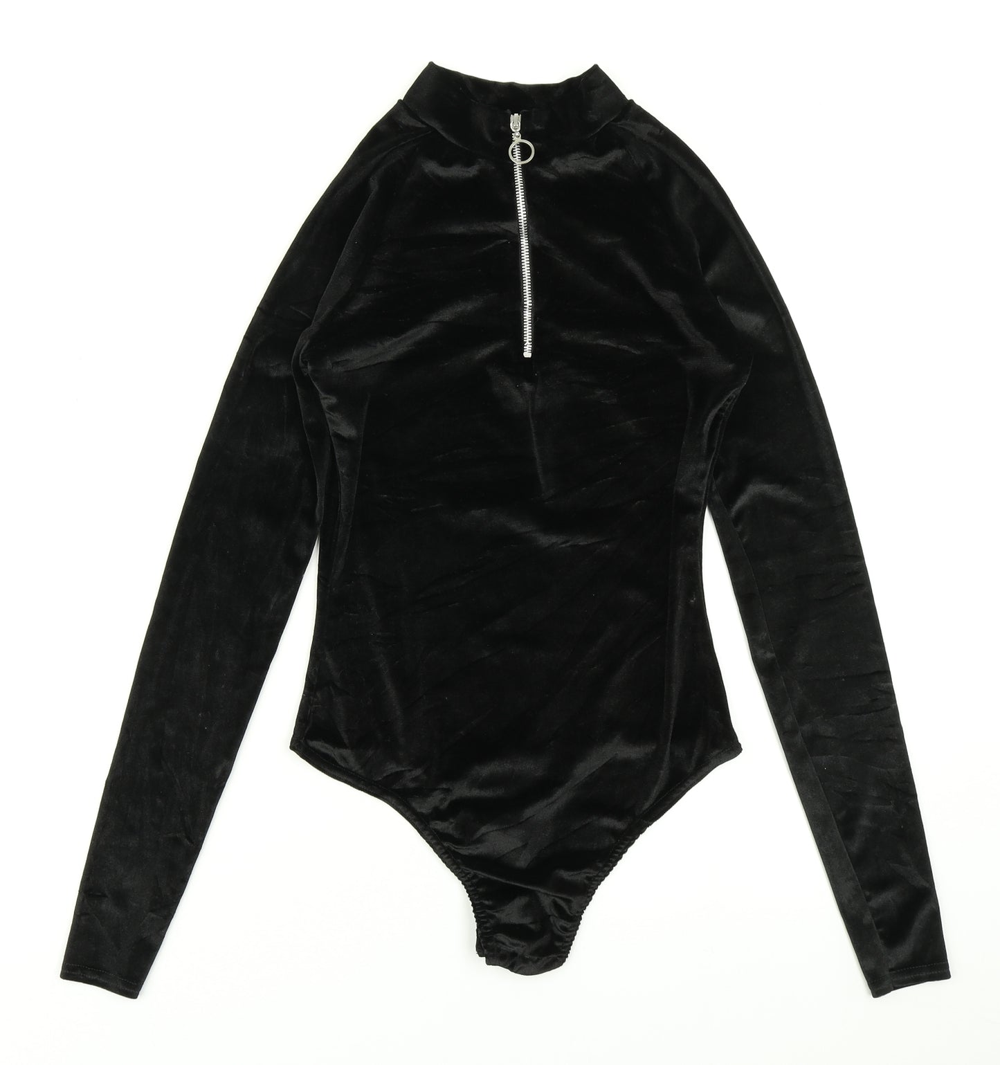 PRETTYLITTLETHING Womens Black  Velour Bodysuit One-Piece Size 8
