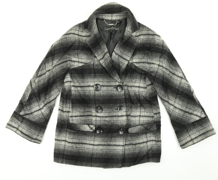 Signature Womens Black Plaid  Overcoat Coat Size 6