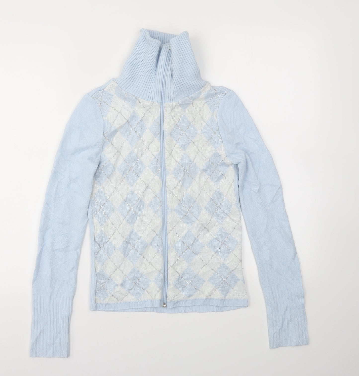 10GO Womens Blue Argyle/Diamond  Full Zip Jumper Size M