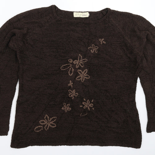 EWM Womens Grey Floral Knit Pullover Jumper Size XL