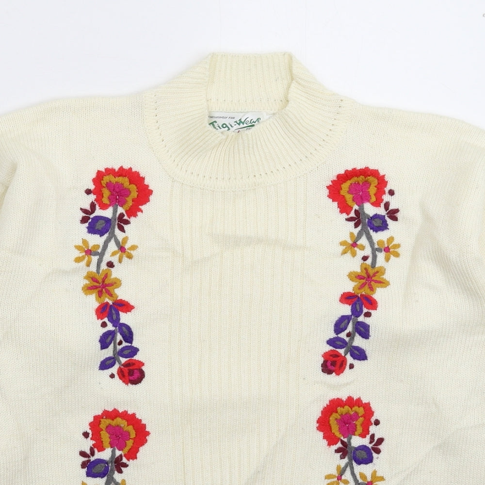 Tigi Womens White Floral Knit Pullover Jumper Size M