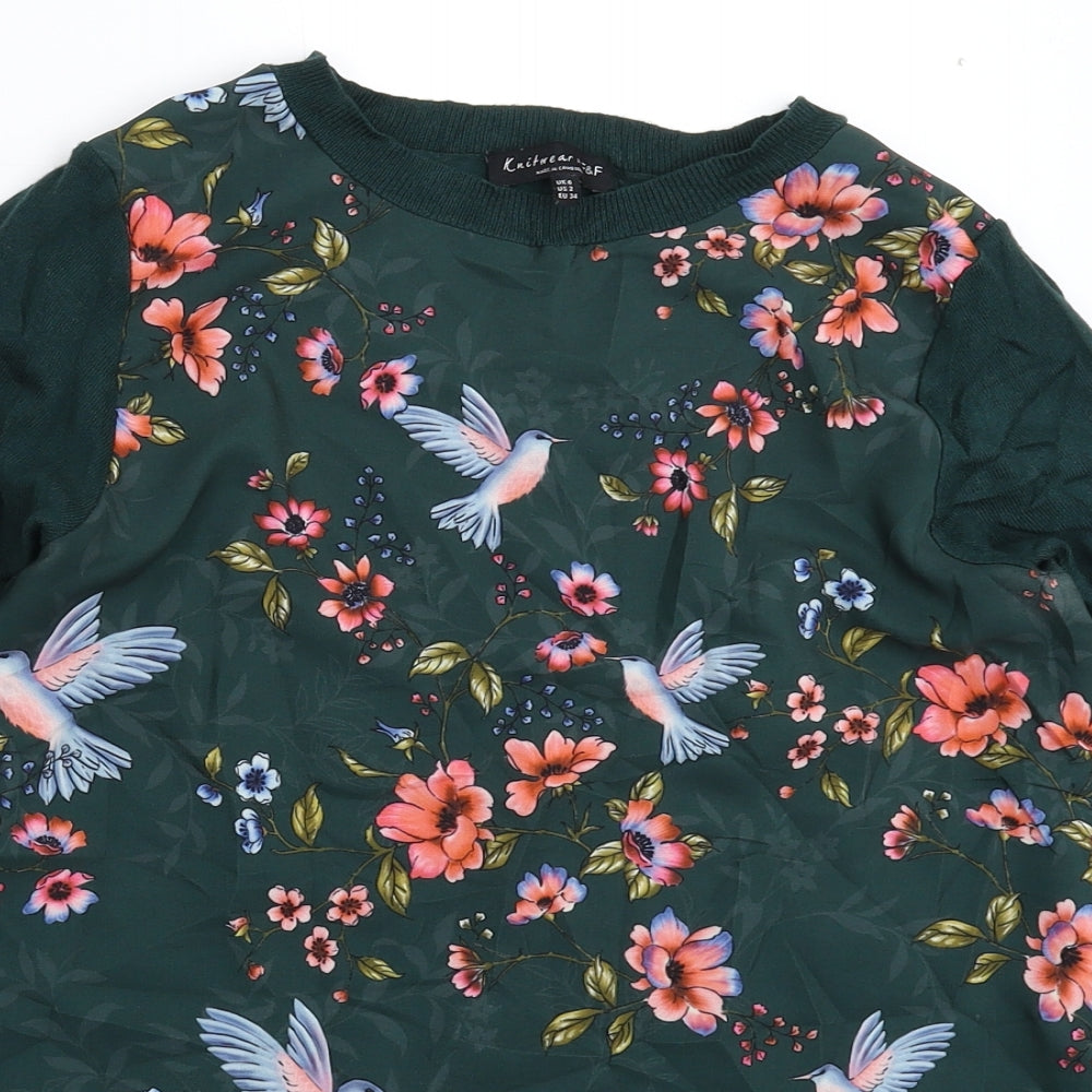 F&F Womens Green Floral Knit Pullover Jumper Size 6