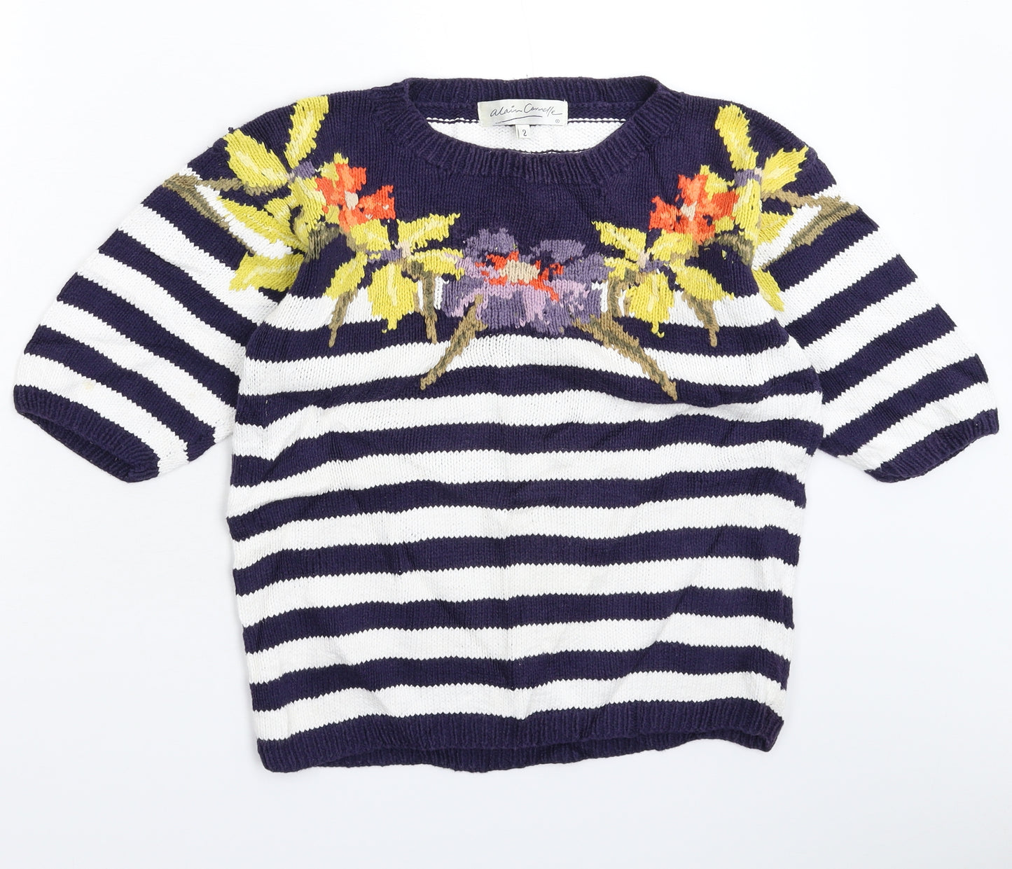 Alain Cannelle Womens Blue Striped Knit Pullover Jumper Size M
