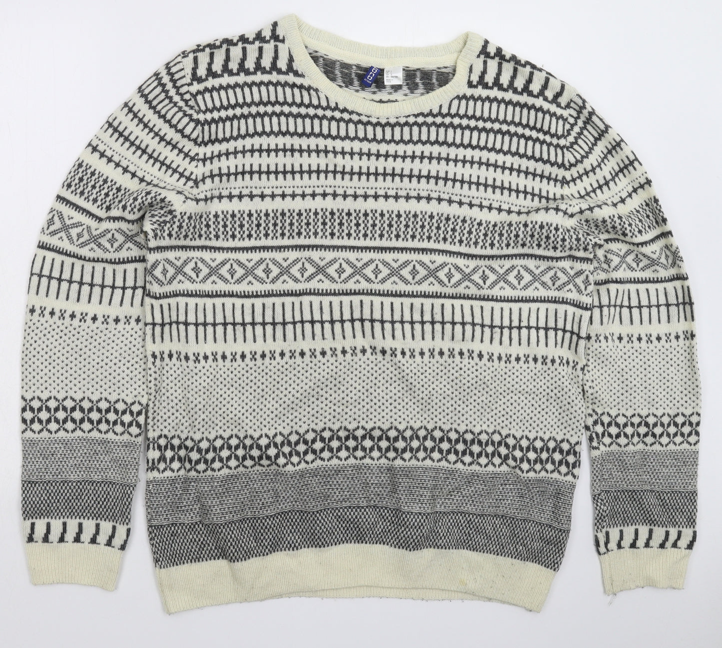 Divided Mens White Geometric Knit Pullover Jumper Size L