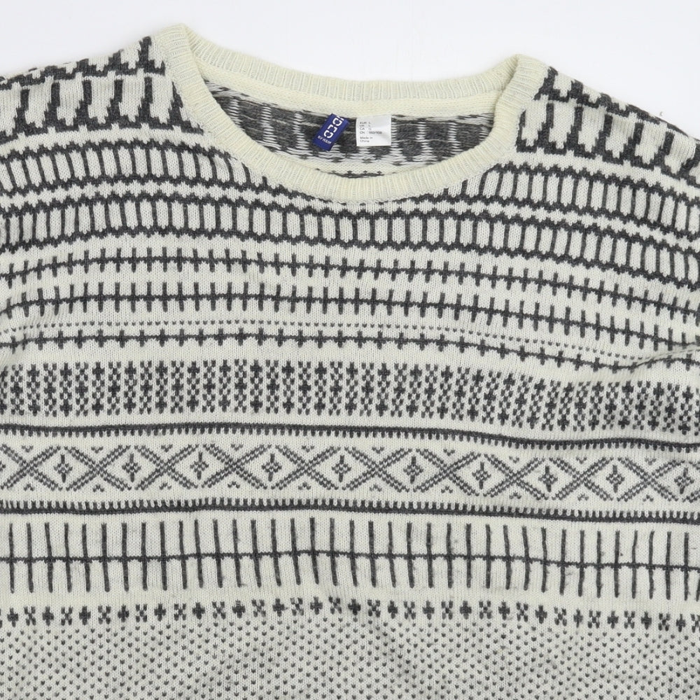 Divided Mens White Geometric Knit Pullover Jumper Size L