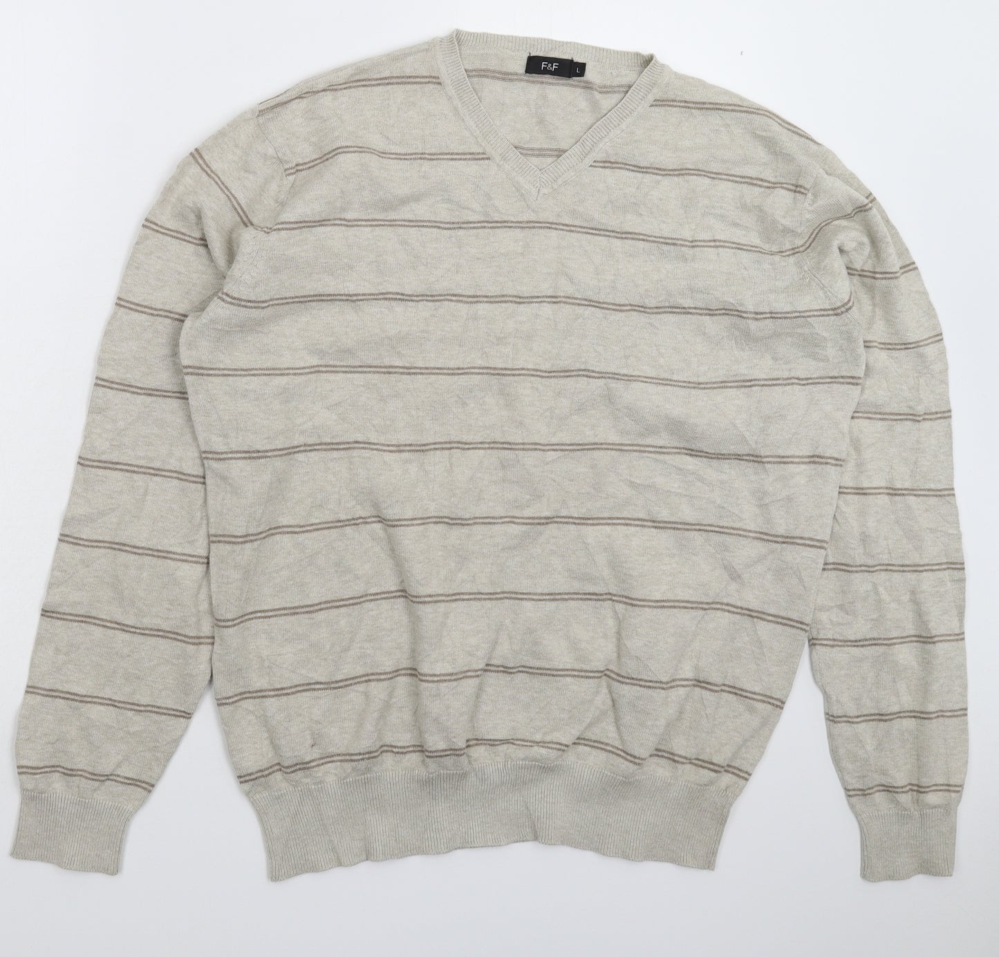 F&F Mens Grey Striped Knit Pullover Jumper Size L
