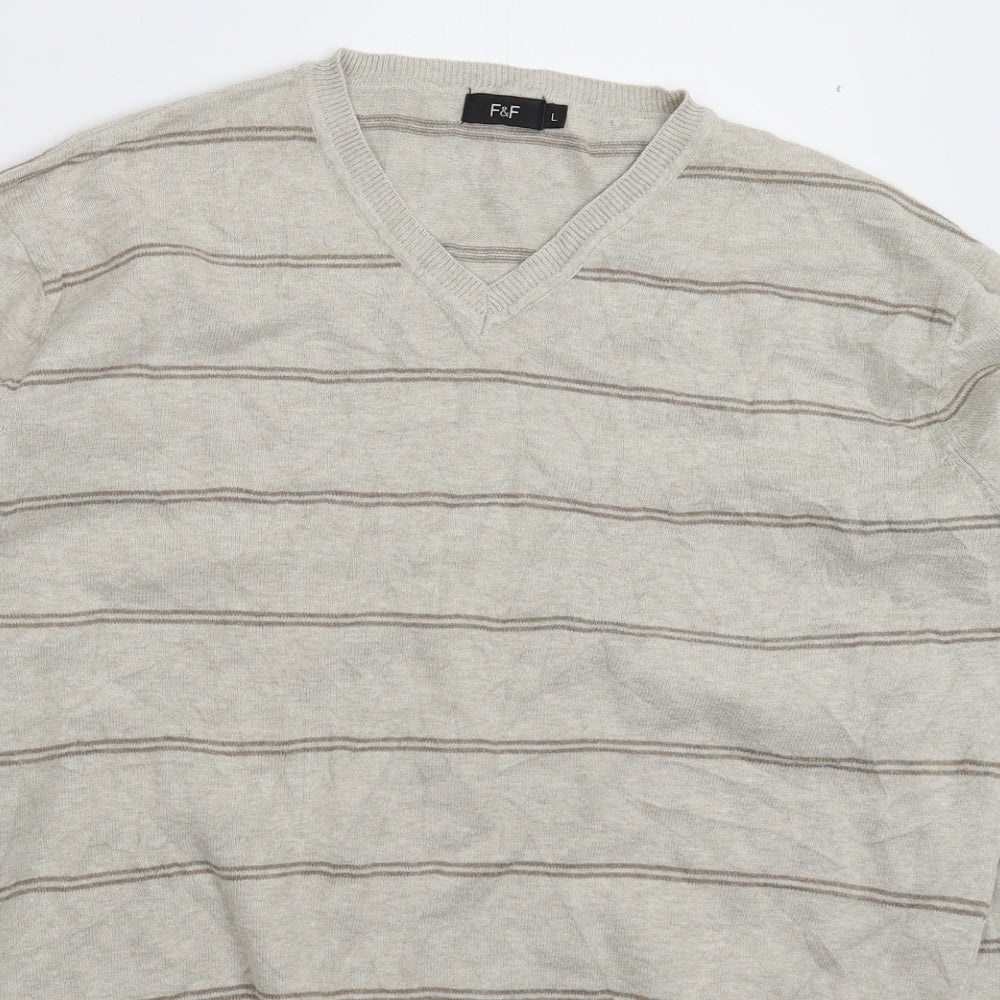 F&F Mens Grey Striped Knit Pullover Jumper Size L