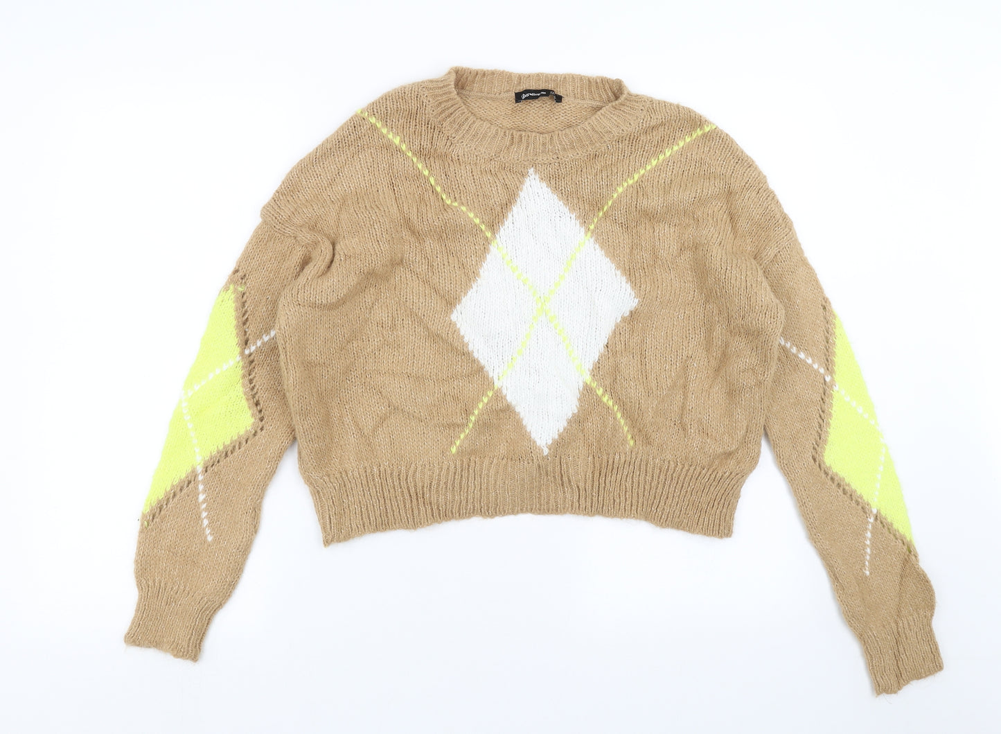 Stradivarius Womens Beige Argyle/Diamond Knit Pullover Jumper Size S