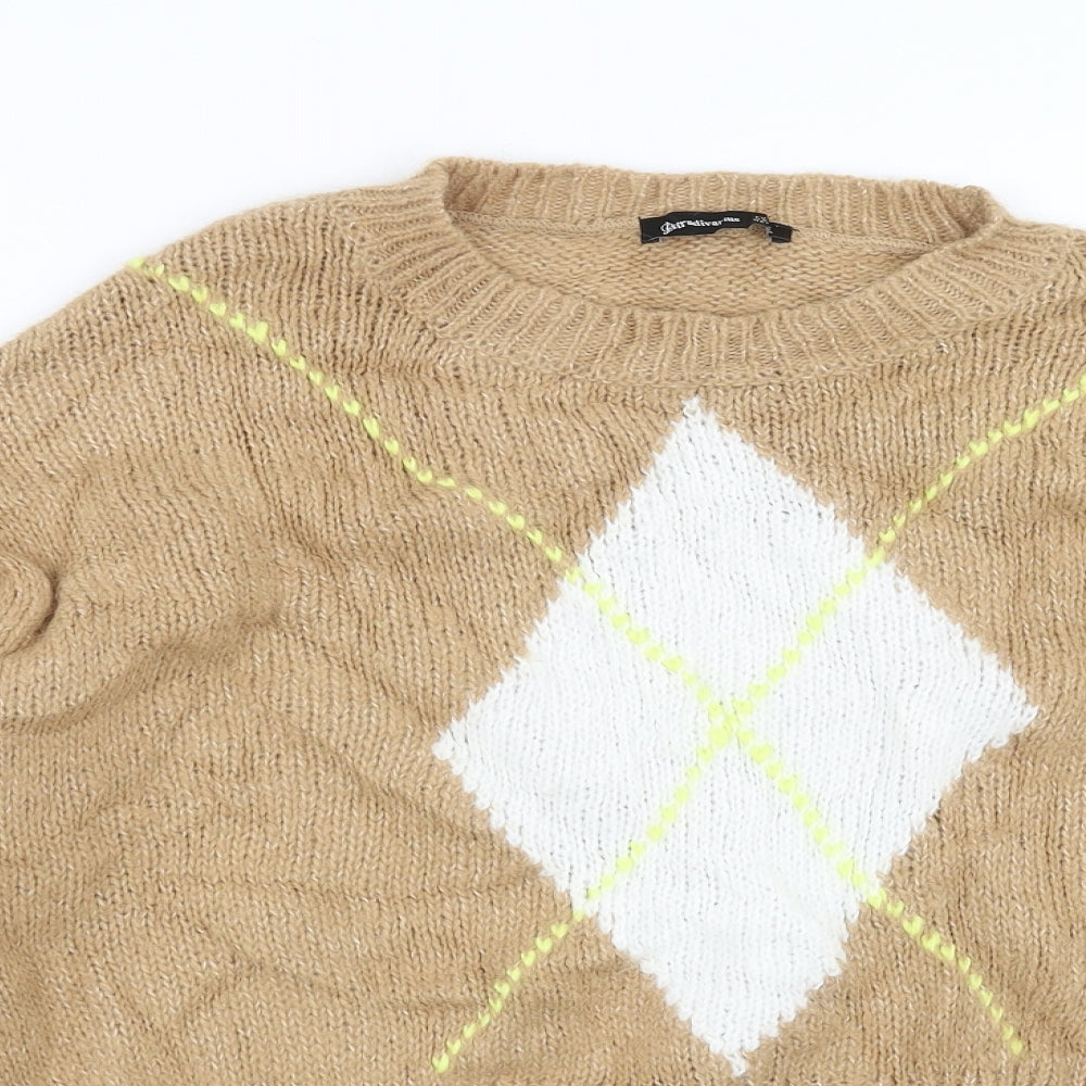 Stradivarius Womens Beige Argyle/Diamond Knit Pullover Jumper Size S