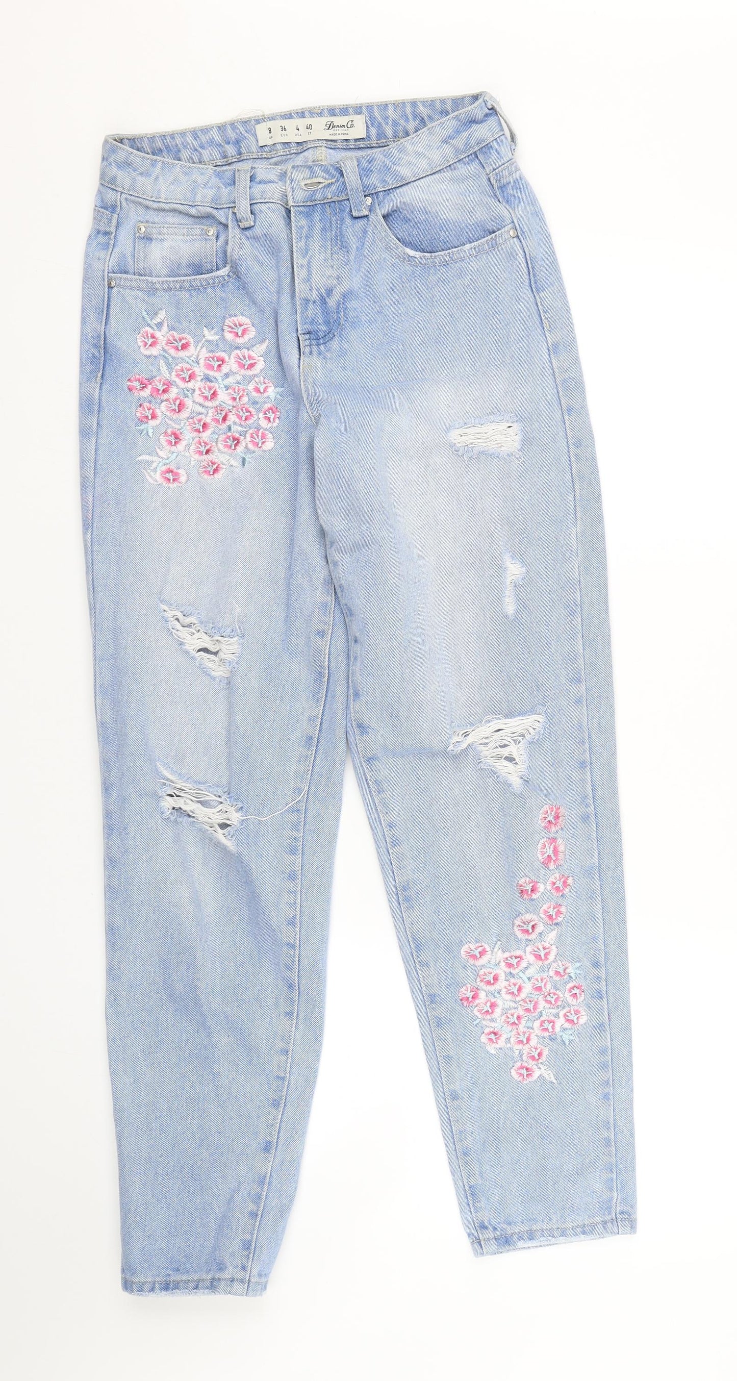 Primark Womens Blue Floral Denim Straight Jeans Size 8 L26 in