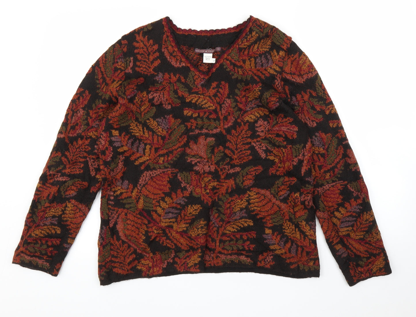 Peruvian Connection Womens Brown Floral  Pullover Jumper Size L