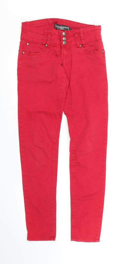 Front view of Madonna women’s red denim skinny jeans, size S, 29-inch leg