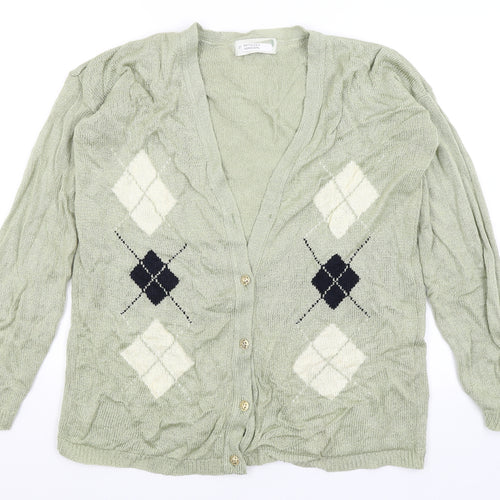 Future Lady Womens Green Argyle/Diamond  Cardigan Jumper Size M