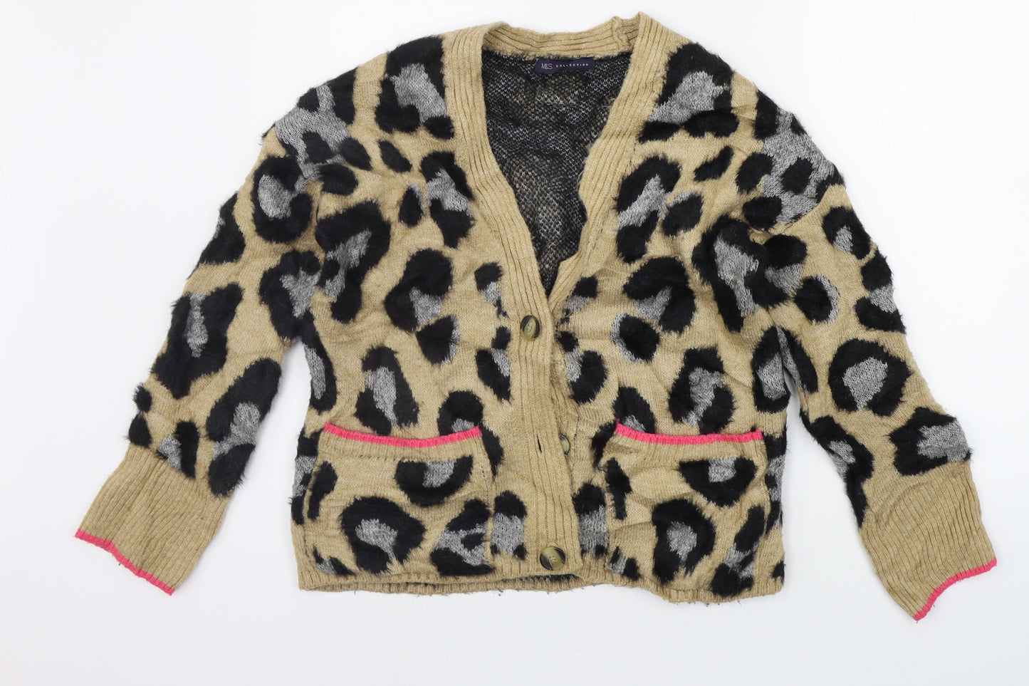Marks and Spencer Womens Beige Animal Print  Cardigan Jumper Size S