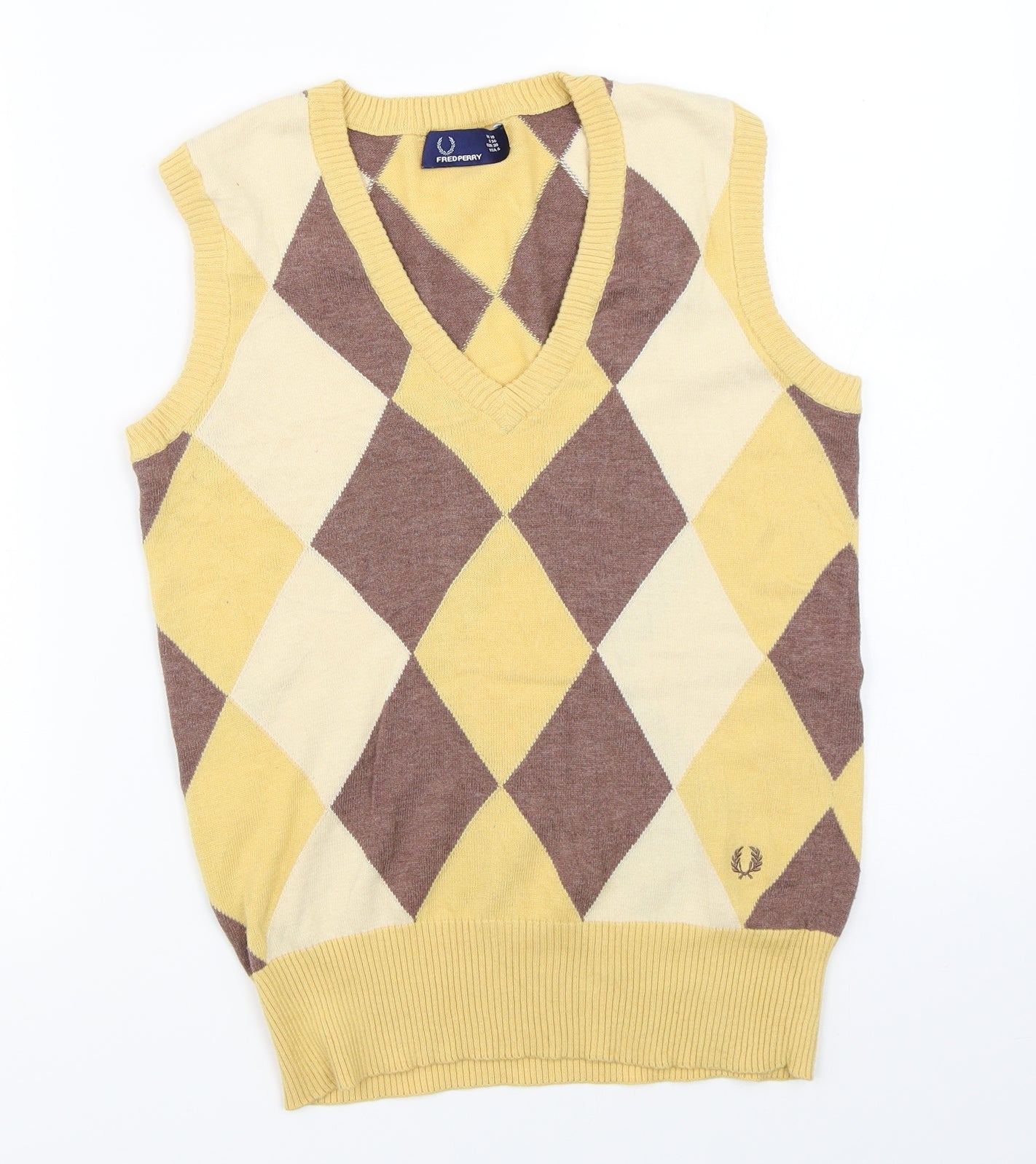 Fred Perry Womens Yellow Argyle/Diamond  Vest Jumper Size 10
