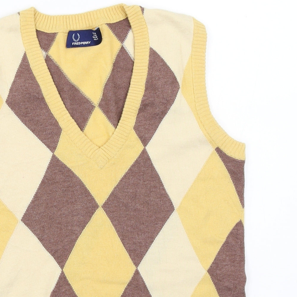 Fred Perry Womens Yellow Argyle/Diamond  Vest Jumper Size 10